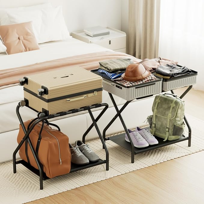 AMHANCIBLE Luggage Rack, Set of 2, Foldable Suitcase Stands for Guest Room | Metal Luggage Holder with Storage Shelf for Bedroom, Hotel, Easy Assemble, Black