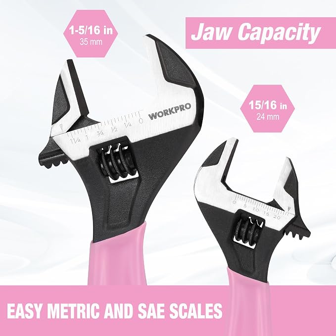 WORKPRO 2 PCS Pink Adjustable Wrench Set, 6-Inch & 10-Inch Wide Jaw Wrenches