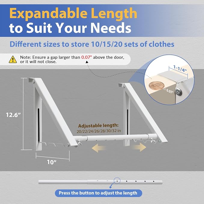 Over The Door Hanger, Foldable Over The Door Drying Rack with 20"-32" Expandable Width, Space Saving Doors Clothes Hanger for Laundry, Bathroom, Apartment, Fits Doors up to 1-1/4”, Metal, White