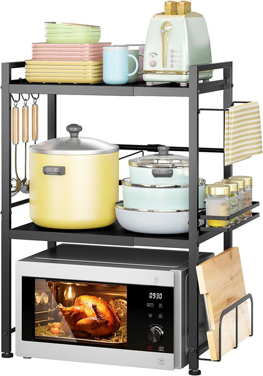 DOLALIKE Microwave Oven Rack, Expandable Microwave Stand Countertop Kitchen Utensils Tableware Storage, Carbon Steel Over Microwave Shelf Countertop with 6 Hooks | Adjustable Microwave Oven Rack Metal Storage Shelf for Pans Small Appliances Kitchen Ute...