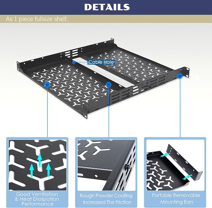 1U Rack Shelves (2-Pack), 2 PCS 8" Deep Cantilever, with Optional Joints to Combine as One Full Size Server Rack Shelf
