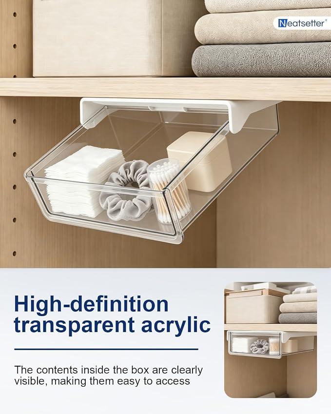 Clear Storage Drawer – 25° Tilted Front, Self-Adhesive Organizer for Bathroom, Kitchen & Office (Small)