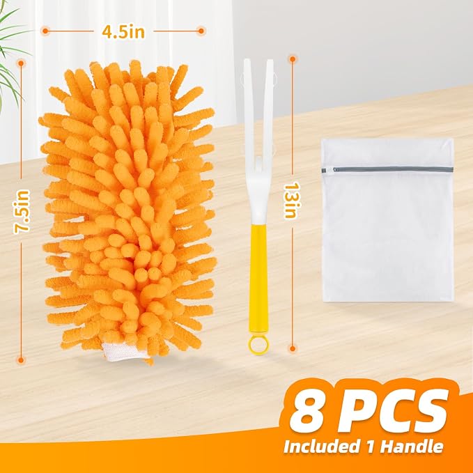 8 Pack Reusable Duster Refills Compatible with Swiffer Duster | Washable 360 Heavy Duty Microfiber Dusters, Include 1 Handle & Laundry Bag, Home & Office Cleaning and Dusting