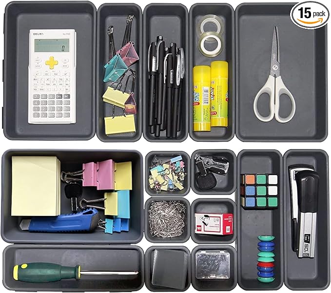 Kutesna 15 PCS Interlocking Desk Drawer Organizer Separator for Office,Bathroom,Kitchen,Makeup（Black）