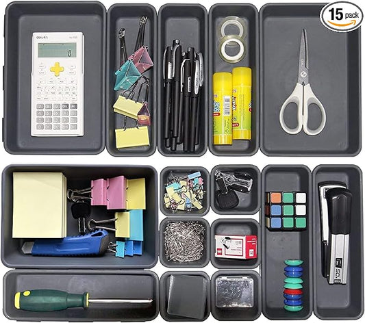 Kutesna 15 PCS Interlocking Desk Drawer Organizer Separator for Office,Bathroom,Kitchen,Makeup（Black）