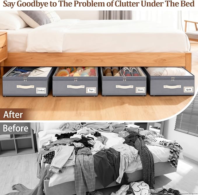 Dolicer 4 Pack Under Bed Storage with Wheels, 6in-10in Height Adjustable Underbed Storage Containers, 92L XXXL Under Bed Drawers Rolling Bin with Clear Lids for Shoes Clothes Organizers(Gray Stripes)