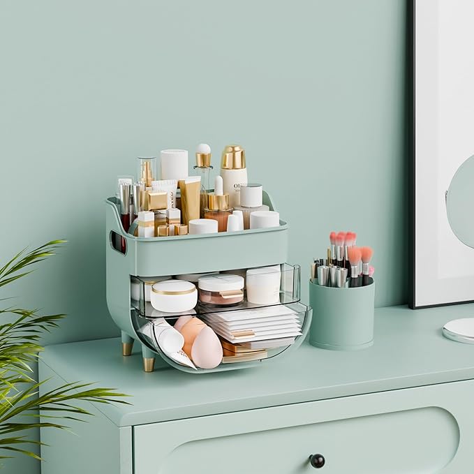 Yieach Countertop Makeup Organizers with Drawers and Handle,Large Cosmetic Organizer for Bathroom Vanity and Dressing,Green Cosmetic Display Cases for Hair Tool,Beauty Products,Skin Care Organizer