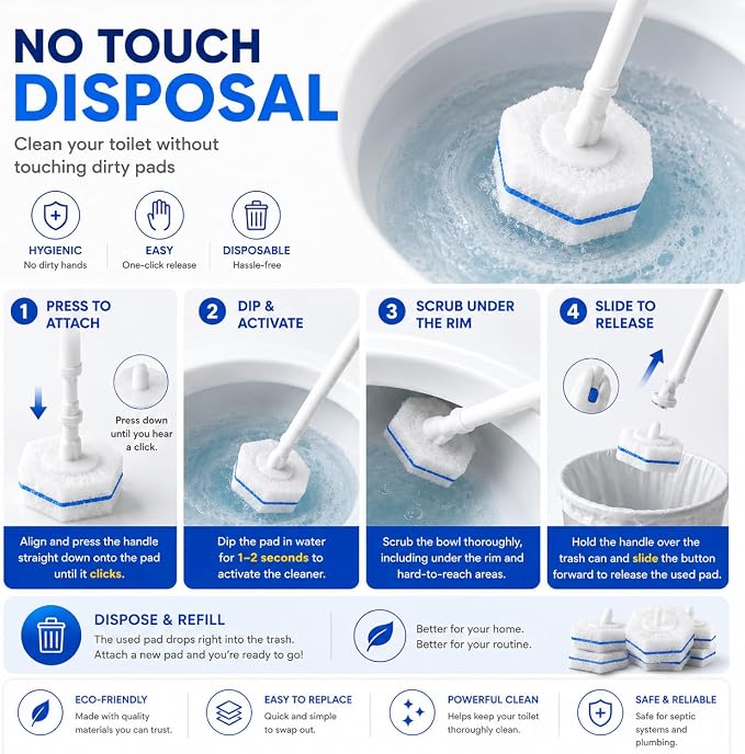 Toilet Wand Refills 60 Count – Disposable Toilet Bowl Cleaner Brush Heads, Fits Most Standard Toilet Wand Handles, No-Touch Replacement Sponge Pads, Hygienic Toilet Cleaning Heads