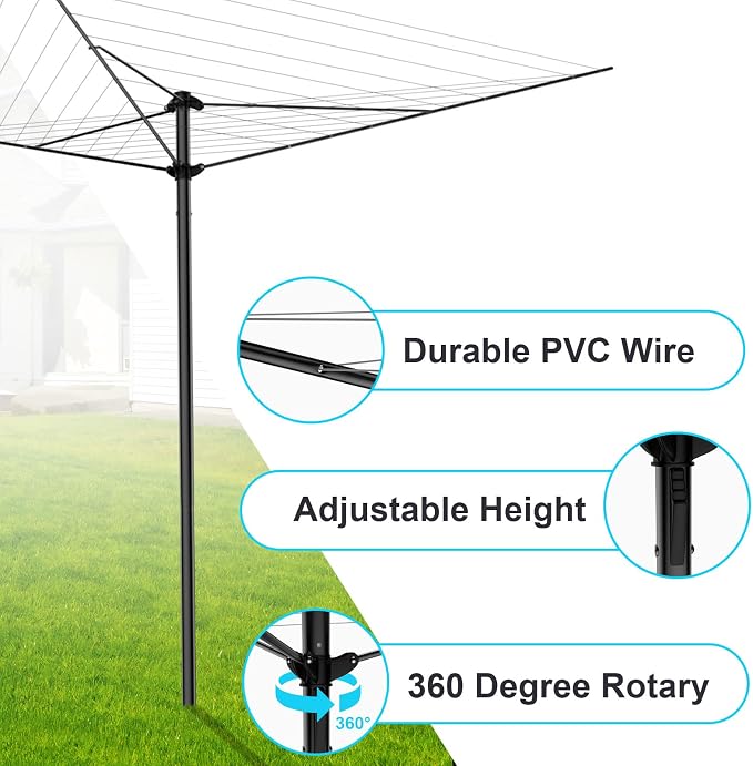 BAKON Heavy Duty Clothesline Outdoor, 30M Anti-Sag Drying Line Rustproof Wind Resistant Rotary Umbrella Drying Rack for Large Clothes, Bed Sheets for Backyard Patio RV Camping