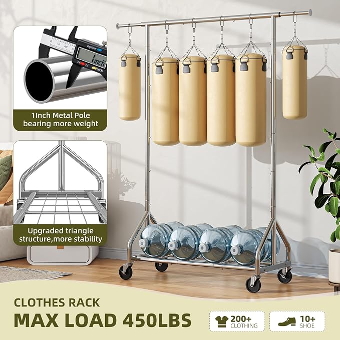 Simple Trending Heavy Duty Clothes Rack, Double Rod Clothing Rack with Wheels & Shelf, Rolling Garment Rack for Hanging Clothes, Adjustable Freestanding Wardrobe Closet for Bedroom, Laundry, Chrome