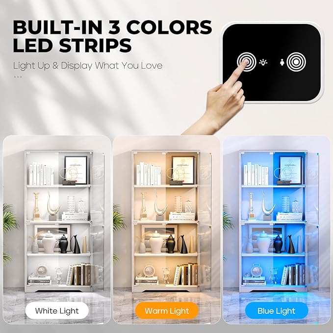 BROTTAR Display Cabinet with Glass Doors, 4-Tier Display Case, White | Curio Cabinet with 3 Color Lights for Collectibles, Storage Cabinets with Human Body Sensor