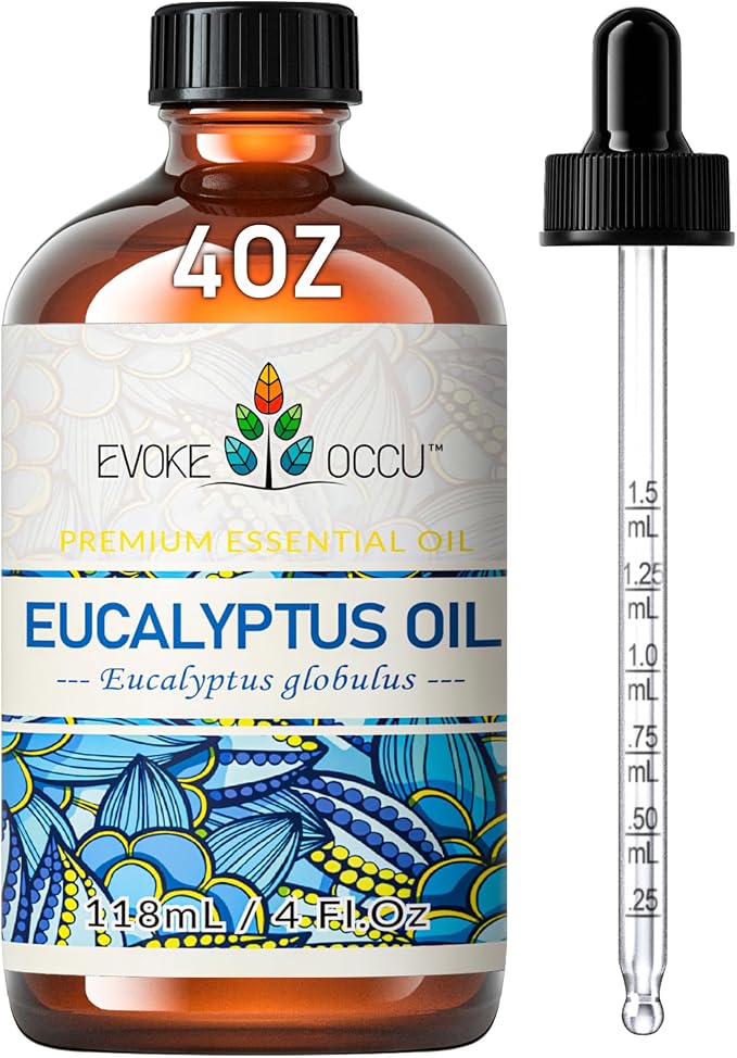 EVOKE OCCU Eucalyptus Essential Oil for Diffuser, Aromatherapy & Shower | Essential Oil with Glass Dropper for Humidifier, Clear Breath, Spray, Soap and Candle Making -118ml / 4 fl oz
