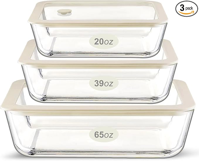 Urban Green Glass Food Container Set with Glass Lid, 3 Pack, Meal Prep Containers with Silicone Framed Airtight Lid, Leakproof, 100% Plastic Free,