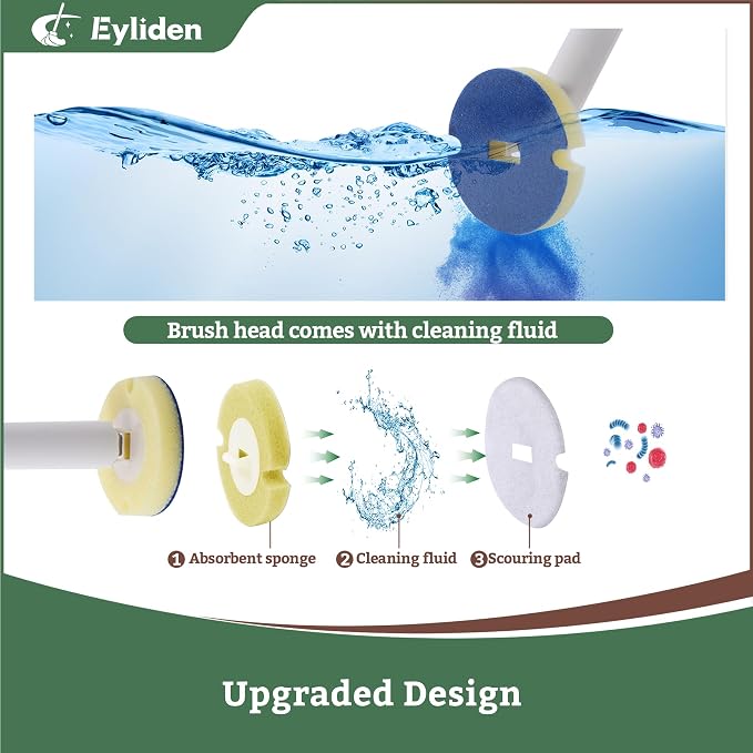 Eyliden Disposable Toilet Brush with Holder, 40-Refill Touch-Free Wand Kit | Pre-Soaked Concentrated Cleaner Sponge, Auto-open Caddy, 19.5" Aluminum Handle, 42 Set Toilet Bowl Cleaing, for Bathroom/RV