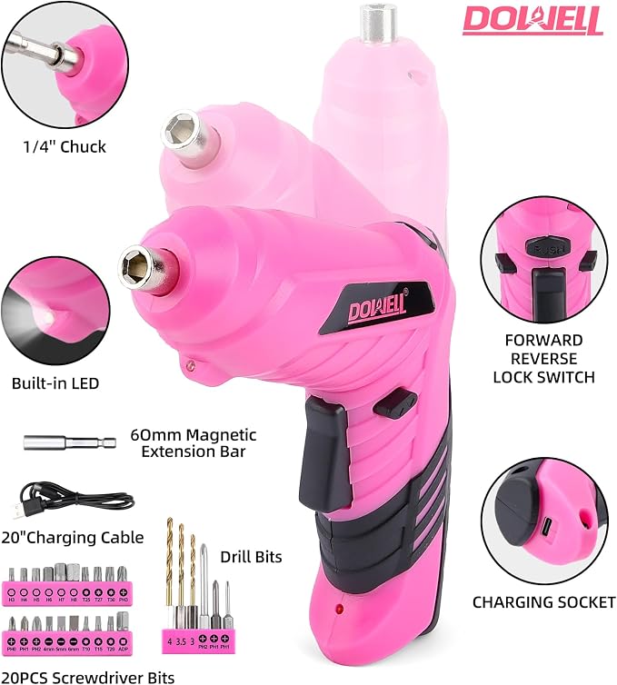 DOWELL 116Pcs Pink Tool Kit, Tool Set with 3.6V USB Cordless Screwdriver | Small Drill Set for Women, Girls
