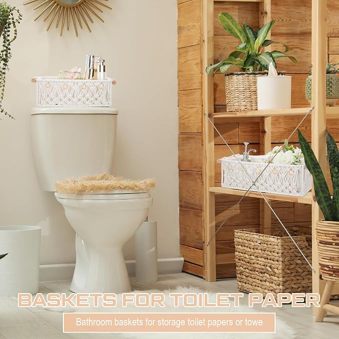 Vesici 4 Pcs Boho Macrame Storage Basket for Shelves 13" 11" Neutral White Storage Basket Hand Woven Box with Wood Handles Beads Decorative Countertop Toilet Cabinet Organizer for Home Decor