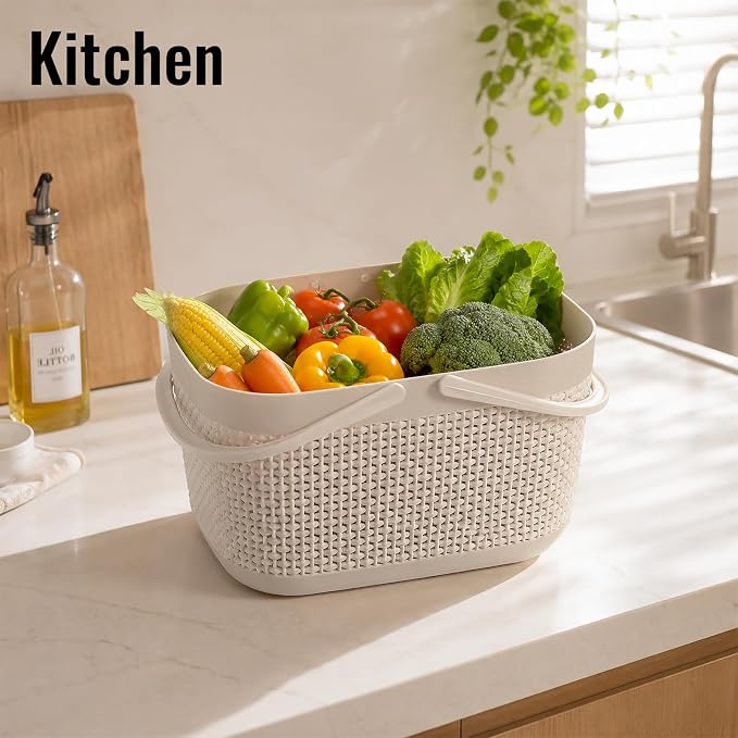 Plastic Protable Shower Caddy Basket, Storage Organizer with Handle, Beige | Bottom Drain Holes, Keep Dry, Sturdy and Durable, Easy to Carry for Bathroom, Kitchen, Dorm Room, RV, College