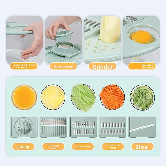 Salad Spinner 5.3 Qt Vegetables Fruits Washer Dryer with 5 Stainless Steel Blades for Chopping Slicing Shredding Pasta and Greens (Green)