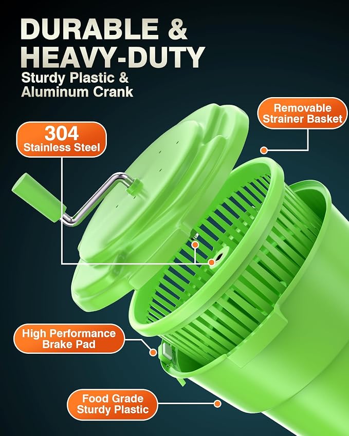 WantJoin Commercial Salad Spinner - [6 Gallon Salad Dryer] w/Silicone [Anti-slip Mat] & [Draining Hose], 24Qt Manual Salad Spinner for up to 7 Heads of Lettuce Spinner Large for Catering, Green