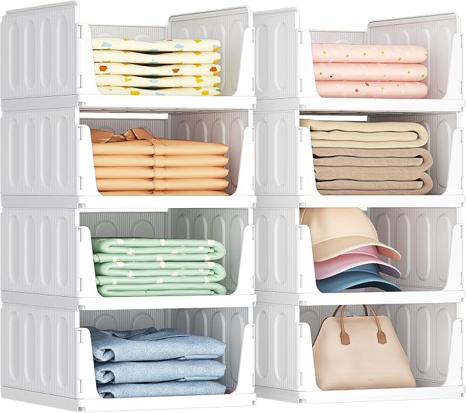 Lifewit 8 Pack Stackable Closet Organizers and Storage Basket for Clothes, Plastic Sweater Storage Bins for Wardrobe, Stacking Clothing Containers for RV, Pantry, Shelf, Kitchen, Dorm, 14" Depth