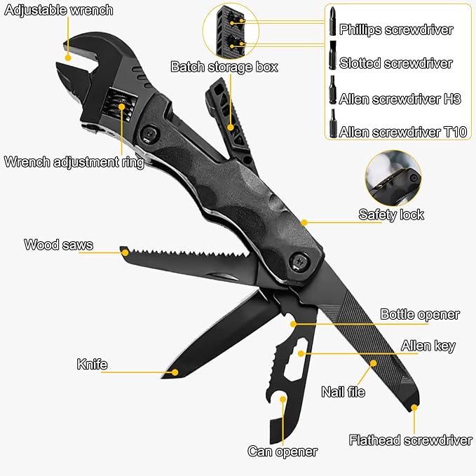 Multitool Wrench, Adjustable Wrench with Flathead Phillips Screwdriver, Nail File, Bottle Can Opener, Screwdriver reservoir, Multifunctional Purpose Stainless Steel Tool (black)