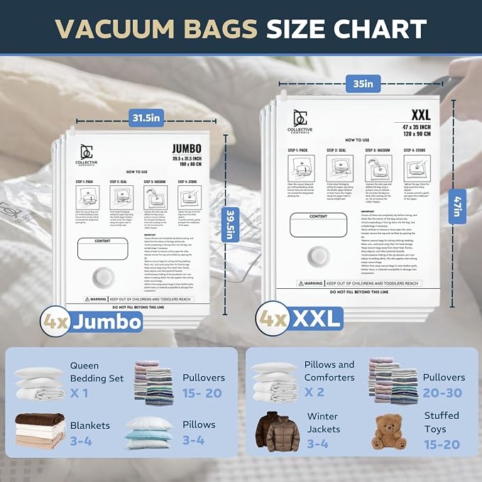 8 Pack Vacuum Storage Bags – 4 XXL & 4 Jumbo Vacuum Seal Bags for Blankets, Comforters, Clothing & Bedding - Space Saver Compression Bags