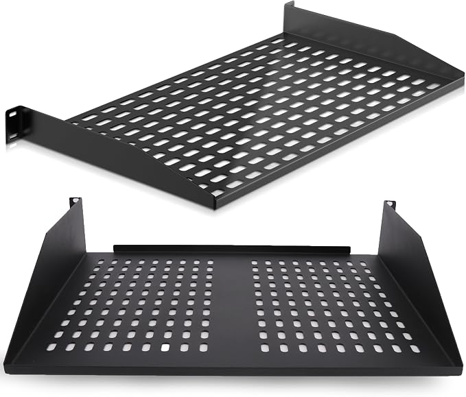 Pyle 19-Inch 1U+2U Server Rack Shelves - Universal Mounting Tray for Computer Racks & Cabinets, Wall Mount Compatible, Ventilated Design for Air Circulation, Black Computer Case,110lbs Weight Capacity