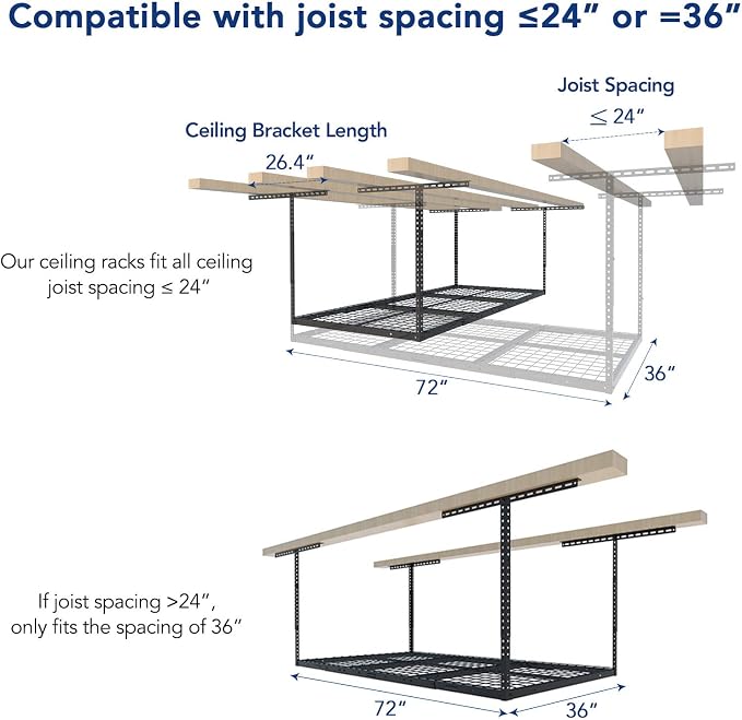 FLEXIMOUNTS 3x6 Overhead Garage Storage Adjustable Ceiling Rack 72" Length x 36" Width x 40" Height, 450lbs Weight Capacity, Hammertone, Classic Series
