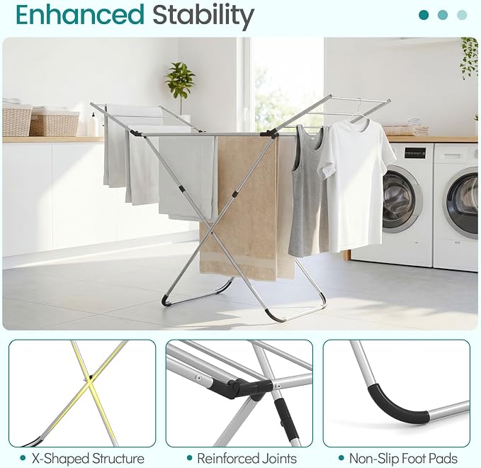 GOFLAME Clothes Drying Rack, Laundry Drying Rack with 2 Foldable Wings, 14 Drying Rods, Free-Standing Collapsible Laundry Airer for Clothes, Towels, Bed Linens, Indoor Outdoor Use, No Assembly Needed
