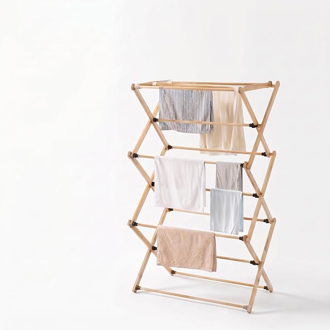 Foldable&Dismountable 3-Tier Bamboo Clothes Drying Rack, Multi-Tier Collapsible Laundry Hanger, Space Saving Garment Stand for Indoor Outdoor Balcony Bathroom. (Original, 28" D X 15" W X 39.3" H)