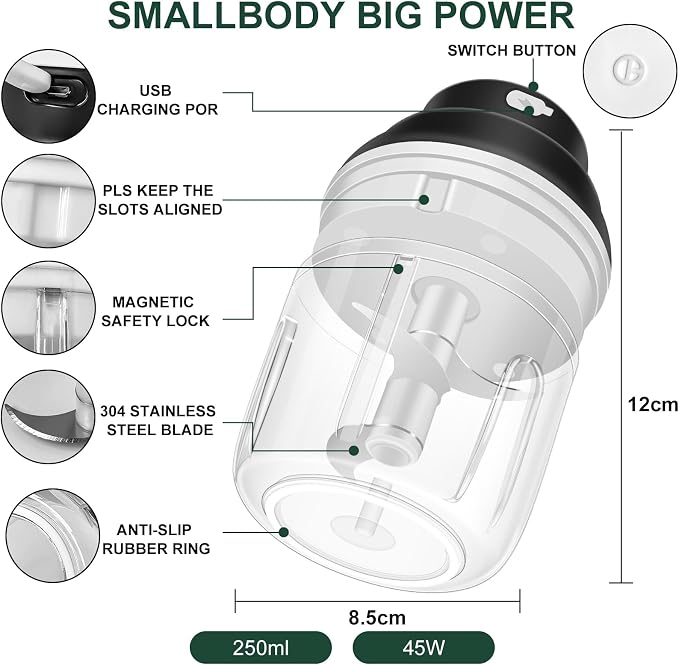 Electric Garlic Chopper, 250ML Garlic Mincer with Egg Beater, Mini Portable Vegetable Chopper, Onion Grinder Masher, USB Small Food Processor for Veggie, Garlic, Ginger, Chili(Black)