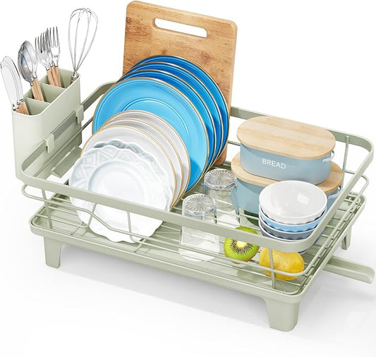 Urackify Dish Drying Rack for Kitchen Counter, Sink Dish Rack with Drainboard, Large Dish Drainer with Cups Holder, Home Countertop Plate Dryer Storage Rack with Cutlery Holder, Soft Celery Green