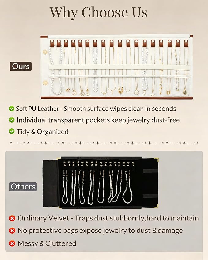 Lolalet Travel Necklace Organizer, Foldable Jewelry Case, Caramel, 18 Slots | Tangle-Free, Roll Up, PU Outer, Velvet Lining, Space-Saving, for Chains Bracelets, Gift for Women Girls Daughters Friends