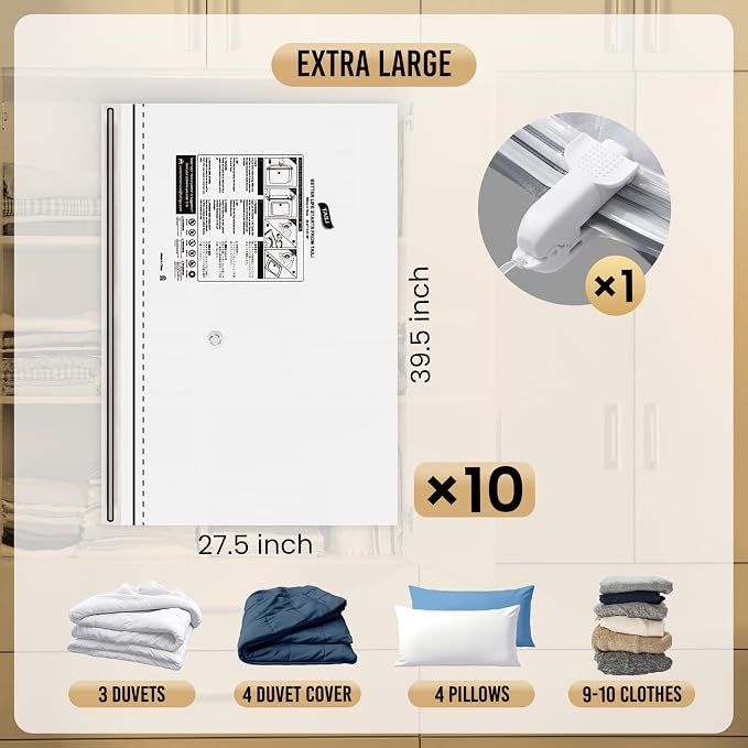 TAILI 10 Pack Jumbo Vacuum Storage Bags, 39x28 inch, LONG SIDE ZIP Vacuum Seal Bags for Clothing, Space Saver for Beddings, Comforters, Blankets, Pillows
