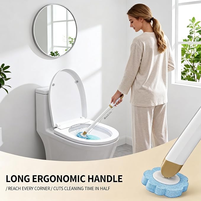 Disposable Toilet Brush with 54 Refills Holder Wall Mount Scrub Kit | Built-in cleaner, Ergonomic wand, Long handle, No wash,Click-discard, 2x Adhesive Sheet‌