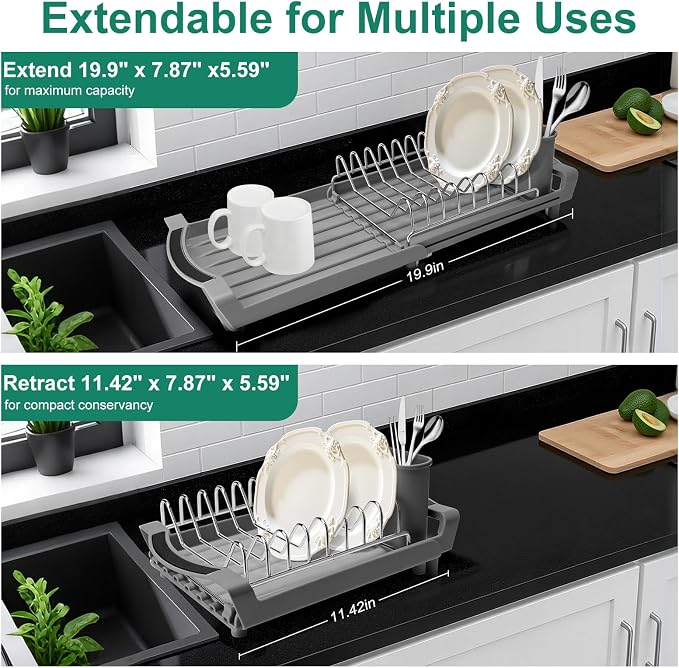 Dish Drying Rack - A Compact, Space-Saving Stainless Steel Rust-Resistant Dish Drainer Specifically Designed for Kitchen and Apartment Countertops/Sink Cabinets,11.42 to 19.9 Inches (Gray2)