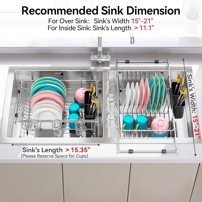 Urackify Dish Drying Rack in Sink, Stainless Steel Expandable Over the Sink Dish Rack with Utensil Holder & Cup Holder, Kitchen Drying Rack for Inside Sink, 15.35" x 11.02" x 4.84", Silver
