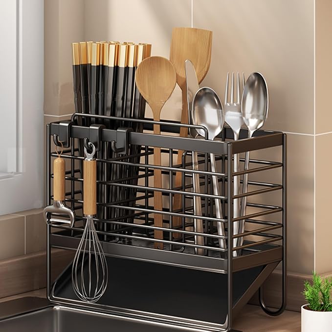 RAKSONIC Utensil Holder, Dish Drainer for Kitchen Counter,3 Compartments Stainless Steel Utensil Drying Rack,Kitchen Utensils Holder with Towel Bar,Self-Draining Tray Design