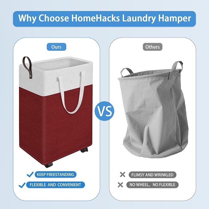 HomeHacks 90L Rolling Laundry Basket with 4 Wheels Collapsible Red | 4 Wheels, Waterproof PEVA Lining, Cotton Flax Fabric, Metal Frame, Bathroom Laundry Room Dorm Storage, Space-Saving Design