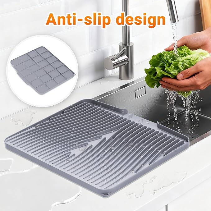 Silicone Dish Drying Mat for Kitchen counter, 19.7"x17" Extra Large Non-Slip Drain Pad with Built-in Drainage, Heat Resistant Dishwasher Safe, Grey