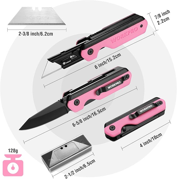 WORKPRO 2-in-1 Folding Knife/Utility Knife, Wood Handle, G10 Handle | Quick-Change Box Cutter, Liner Lock, Belt Clip, 10 SK5 Blades, Carton Cutting, Camping, Hiking, DIY Projects, Pink Ribbon