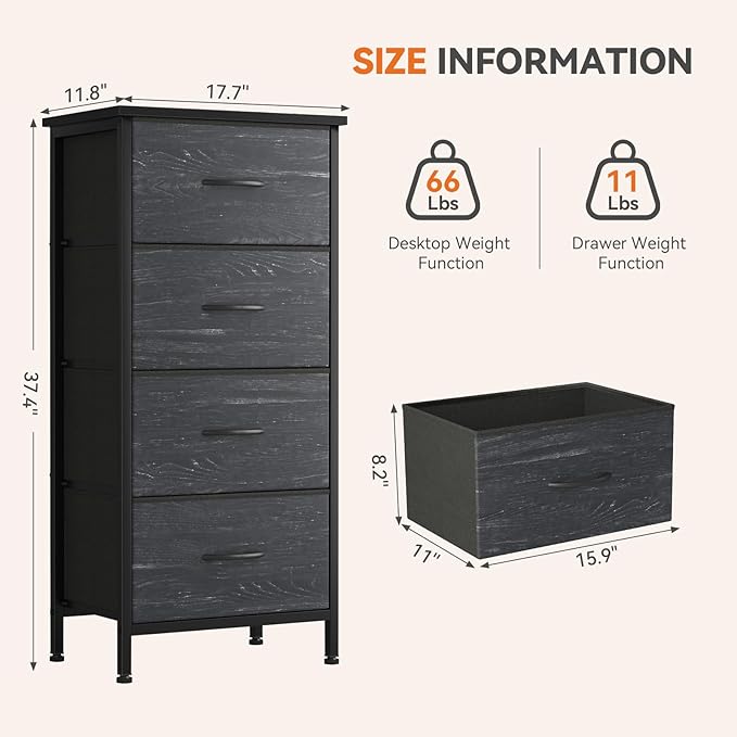 Sweetcrispy Dresser for Bedroom, 4 Drawer Storage Cabinet, Tall Nightstand | Small Fabric Dresser for Closet, Chest of Drawers, Closet Organizer, Home Furniture, Sturdy Frame, Black Wood Grain