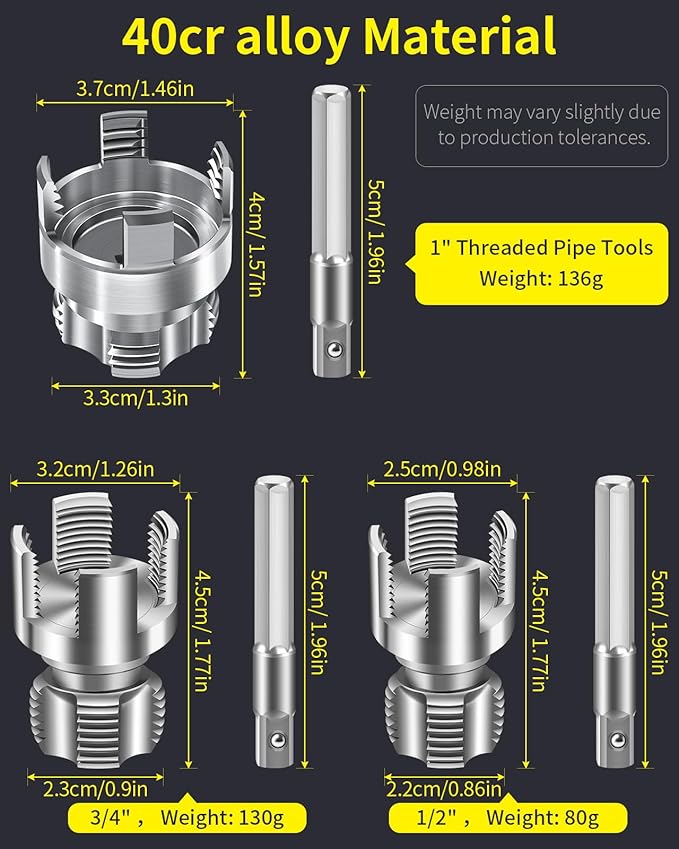 3-Piece PVC Pipe Threading Tool, 1/2, 3/4 and 1 Inch | Integrated internal and external pipe threader works with electric drills for PVC and plastic pipe repair.