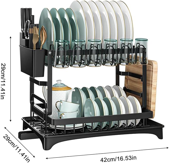 2 Tier Dish Drying Rack Stainless Steel with Auto Drainboard 360° Swivel Spout Large Capacity Kitchen Counter Organizer with Utensil Holder Cup Rack Knife Block Space Saving Black