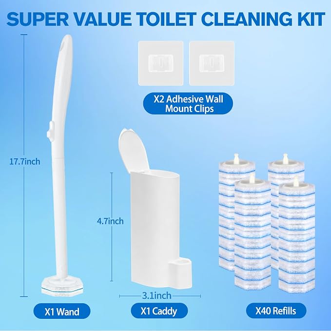 Disposable Toilet Bowl Brush and Holder - Toilet Bowl Wand Refills with Toilet Bowl Cleaner, Includes 40 Refill Heads for Clorox Toilet Brush, Wand & Storage Caddy - Won't Fall Apart