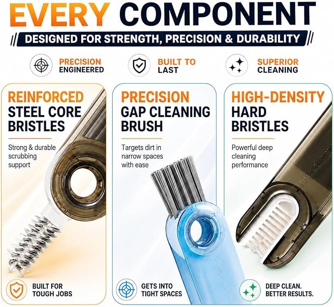 3-in-1 Cleaning Brush for Cups, Bottles & Keyboards, Multifunctional Detail Cleaning Tool for Lids, Gaps, Earbuds & Hard-to-Reach Areas, Compact Portable Cleaning Kit for Home, Office & Travel.