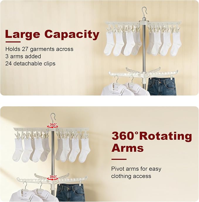 Clothes Drying Rack, 68.9 Inch 2-TierFolding Laundry Drying Rack with 3 Rotatable Arms for Hangers & Clips Stainless Steel Indoor Clothes Airer Space Saving Foldable Clothes Drying Rack for Balcony