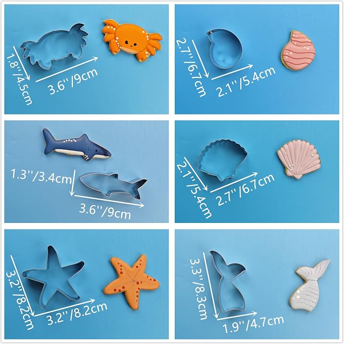 6 PCS Mermaid Cookie Cutters, Mermaid Tail,Starfish,Seashell, Shark, Crab Shapes Summer Themed Biscuits Molds Stainless Steel Metal Cutter for Kids Birthday Party Holidays