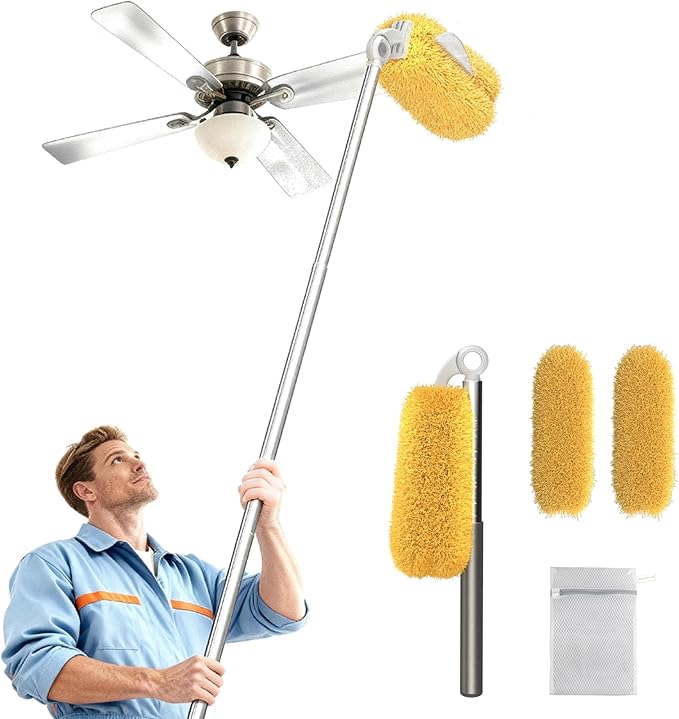 Long Handle Dusters for Cleaning with 2 Replacement Heads, Washable Cleaning Duster Kit with Laundry Mesh Bag, Cobweb Duster, Extendable Dusting Tool for Home and Office