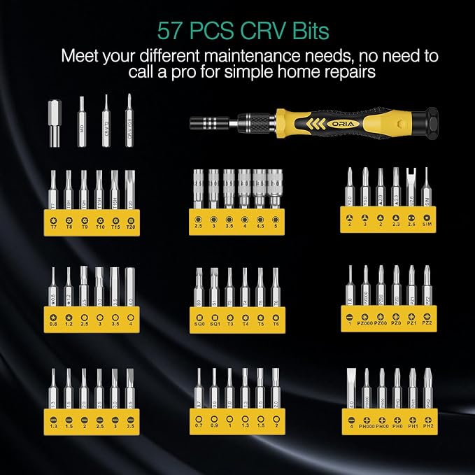 ORIA Small Screwdriver Set, 61 in 1 Precision Screwdriver Set with 57 Bits, Mini Screwdriver Repair Tools with Extension Rod for Mobile Phone, Game Console, Tablet, Yellow